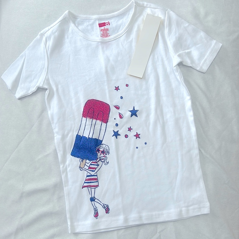 NWT Crazy 8 red, white and blue summer shirt! Glittery girl with giant popsicle!
